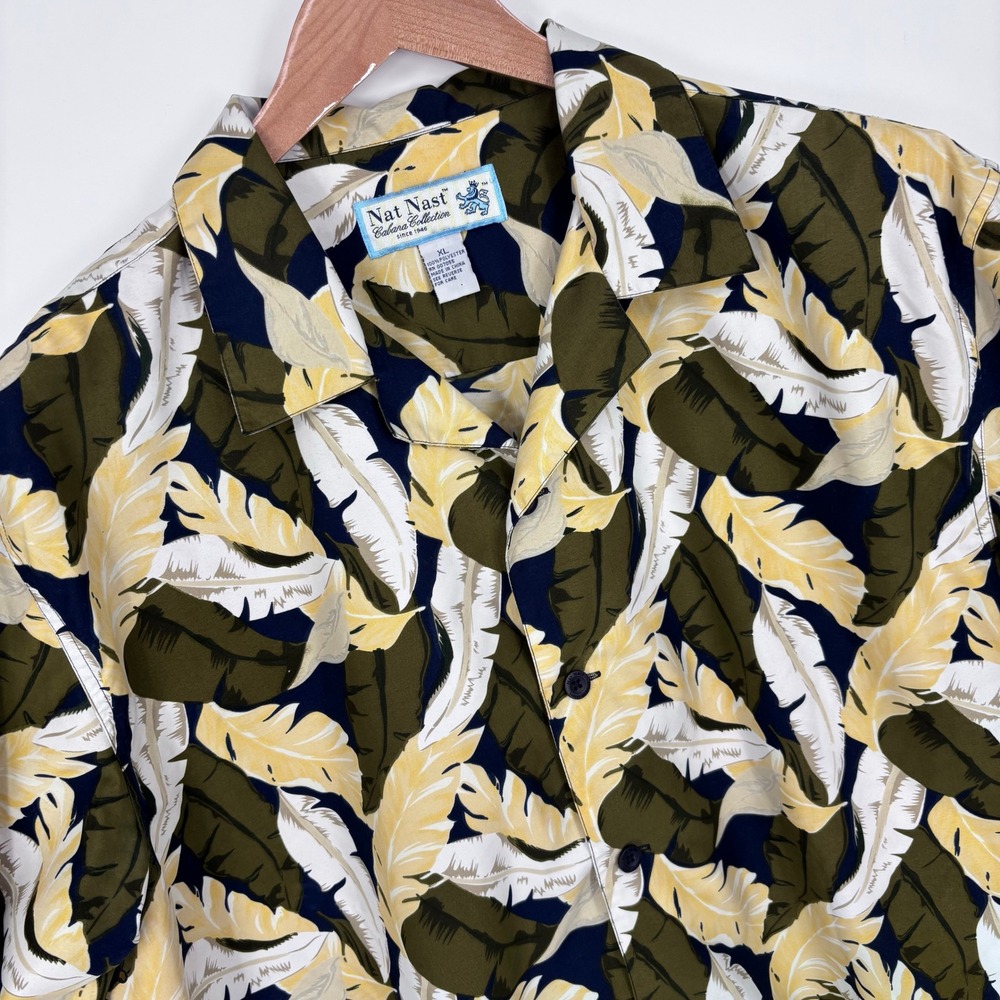 Nat Nast Cabana Collection Shirt Men XL Olive Leaf Print Pockets Travel Vacation